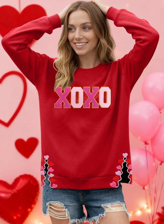 PECHAR Valentine Sweatshirts Women Love Valentines Shirts Embroidered Crewneck Long Sleeve Tops With Side Heart Applique, Xoxo-red, L - Image 4