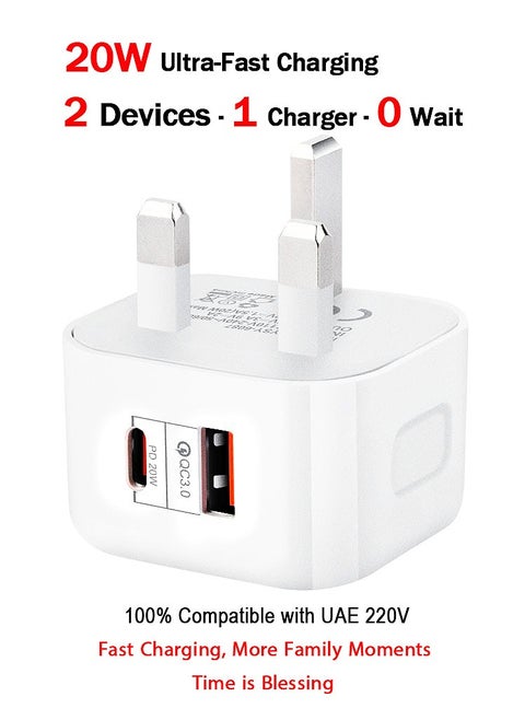 Adapter plug type c,20W Dual USB-C Fast Charger for iPhone  Android | PD Quick Charge 3.0 | Ultra-Compact Travel  Home Charging | Simultaneous Dual Port for Phone + Tablet | Premium White