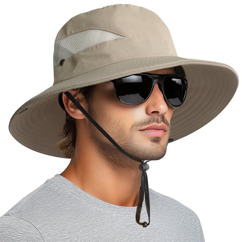 PFFY Sun Bucket Hats for Men Women 3â€ Wide Brim UPF 50+ Fishing & Beach Hat Khaki - Image 1