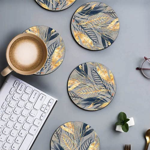 FirseBUY Coaster Set 6 Pcs Beautiful Multi Leaf Art MDF Wood Material Drink Coasters HeatResistant Round Coaster for Home and Kitchen Office Table Dining Table Home Decor 35 Inches - Image 3