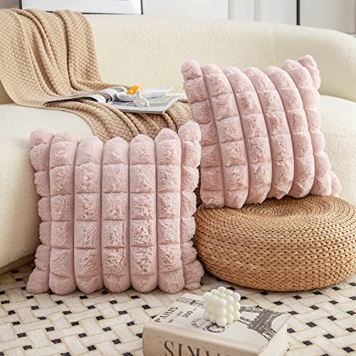 Neelvin Pink Faux Fur Cozy Soft Plaid Decorative Throw Pillow Covers 16x16 inch Set of 2,Velvet Pillowcase Cushion Case for Sofa Couch - Image 3