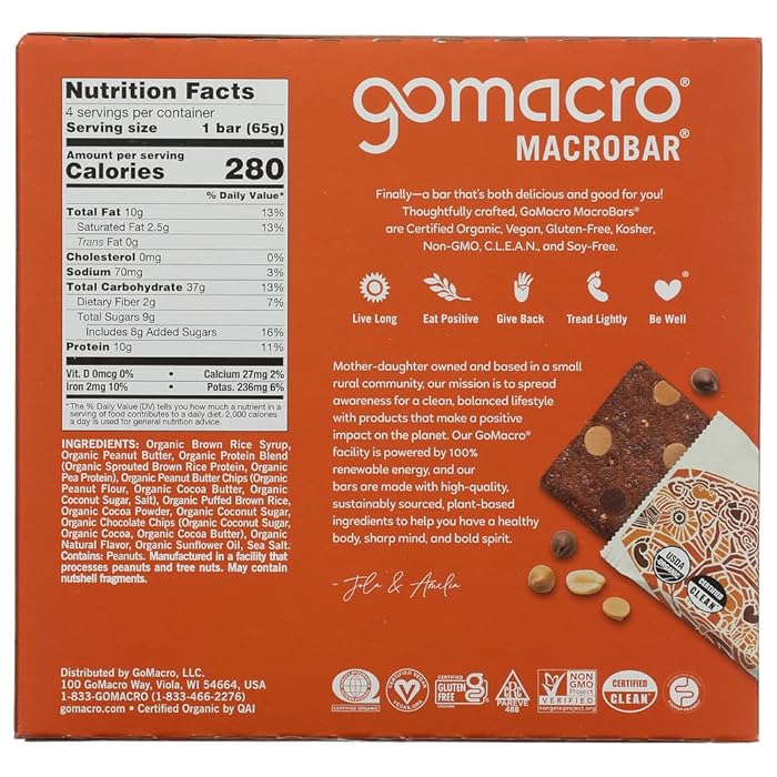 GOMACRO Organic Double Chocolate Peanut Butter Chip Bar 4 Count, 2.3 OZ - Image 2