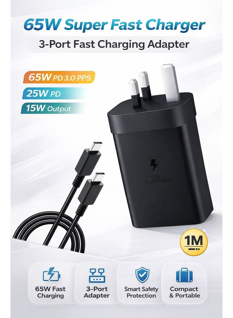 65W Super Fast Charger 3-Port USB-C PD 3.0 PPS & USB-A Wall Adapter with 1M Type-C Cable – Universal Fast Charging Power Adapter for iPhone 16/15, Samsung Galaxy S24/S23/S22, MacBook, iPad, Tablets & Laptops - Image 3