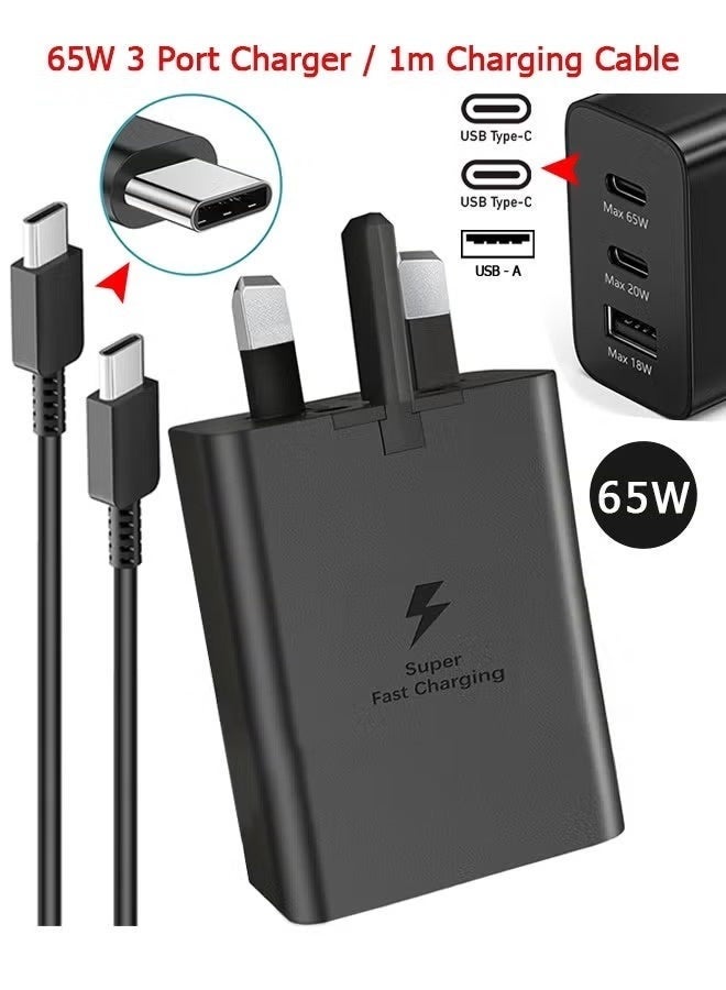 65W Super Fast Charger 3-Port USB-C PD 3.0 PPS & USB-A Wall Adapter with 1M Type-C Cable – Universal Fast Charging Power Adapter for iPhone 16/15, Samsung Galaxy S24/S23/S22, MacBook, iPad, Tablets & Laptops - Image 1