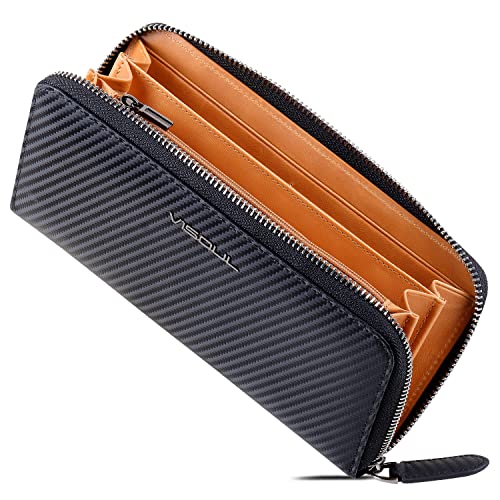 VISOUL Leather Long Zippered Pouch Wallet for Men with RFID Blocking Two-tone, Large Carbon Fiber Leather Clutch Cash Long Wallet with Zipper (Black+Tan) - Image 1