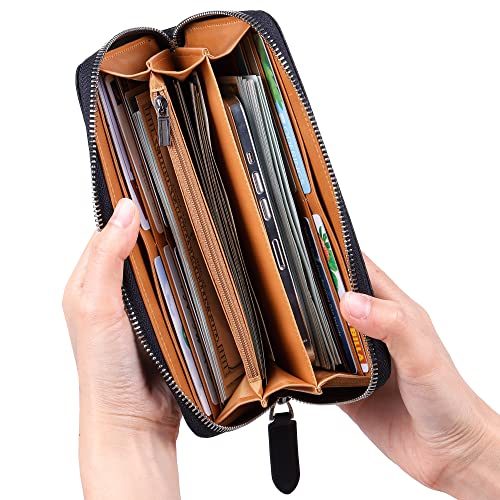 VISOUL Leather Long Zippered Pouch Wallet for Men with RFID Blocking Two-tone, Large Carbon Fiber Leather Clutch Cash Long Wallet with Zipper (Black+Tan) - Image 3