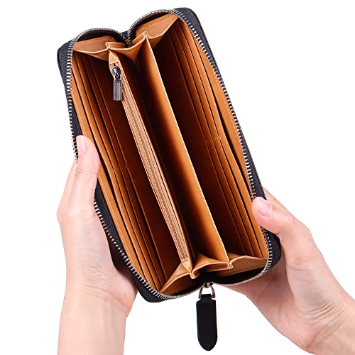 VISOUL Leather Long Zippered Pouch Wallet for Men with RFID Blocking Two-tone, Large Carbon Fiber Leather Clutch Cash Long Wallet with Zipper (Black+Tan) - Image 2