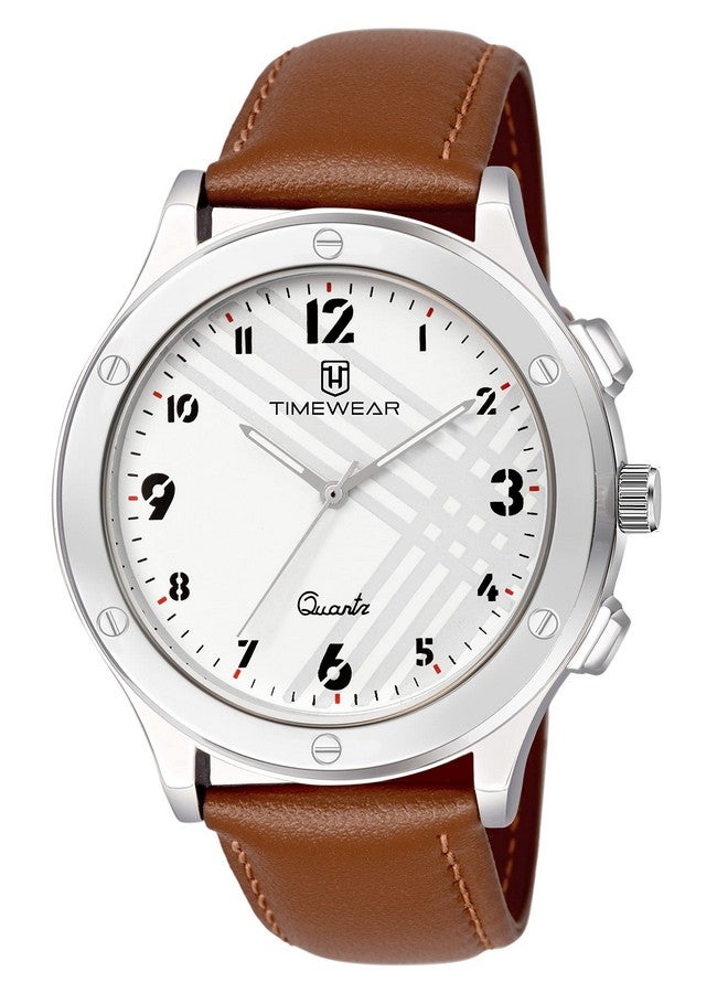 TIMEWEAR Leather Analog New Track White Number Dial Brown Strap Watch For Men, Brown Band - Image 1