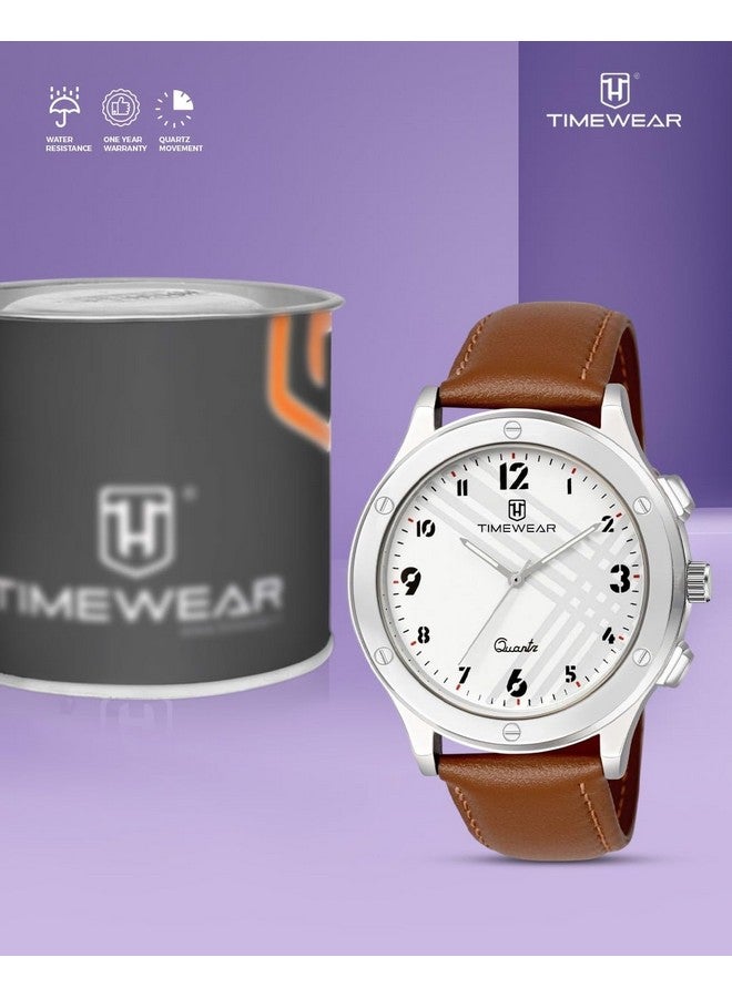 TIMEWEAR Leather Analog New Track White Number Dial Brown Strap Watch For Men, Brown Band - Image 2
