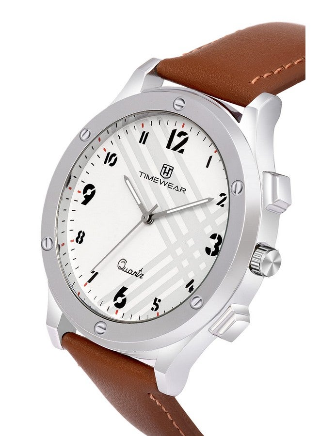 TIMEWEAR Leather Analog New Track White Number Dial Brown Strap Watch For Men, Brown Band - Image 4