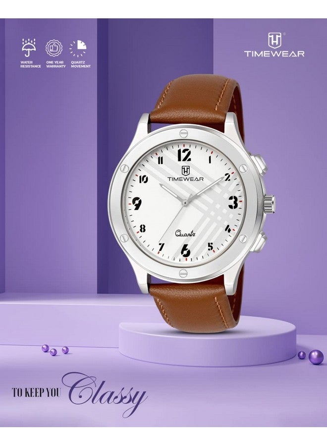 TIMEWEAR Leather Analog New Track White Number Dial Brown Strap Watch For Men, Brown Band - Image 5
