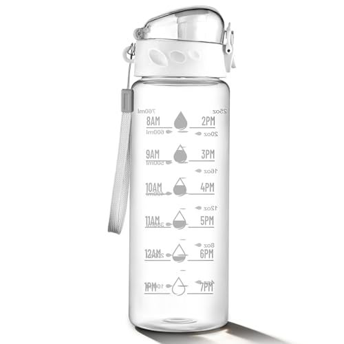 FrutPunch Clear Water Bottle, Wide Mouth Leakproof Water Bottle with Time Marker, 26OZ Plastic Water Bottles, Lightweight for Sports, Travel, White - Image 1