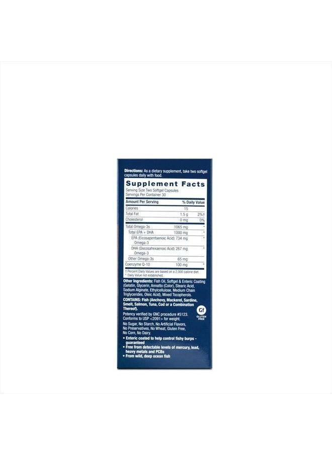 GNC - Triple Strength Fish Oil Plus CoQ-10 | 1000 mg of EPA/DHA Omega-3s, 100mg of CoQ-10, Supports Heart, Brain, Skin, Eye and Joint Health | 60 Softgels - Image 1