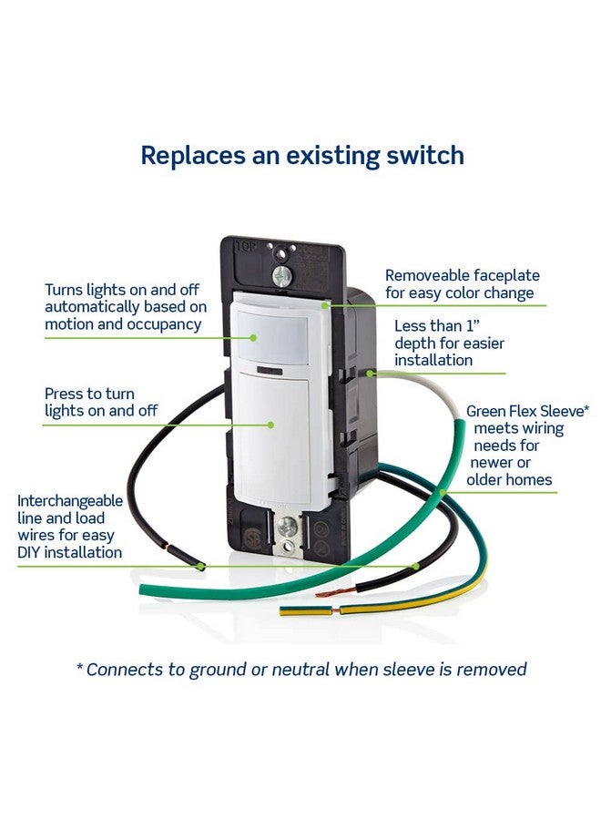 Leviton DOS02-LW Motion Sensor Light Switch, Motion Activated, Auto-On/Auto-Off or Manual-On, 2A, No Neutral Wire Required, Single Pole, White - Image 3