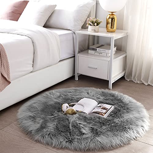 SERISSA Soft Round Faux Sheepskin Fur Rug for Bedroom Grey Circle Fluffy Rugs Circular Shaggy Rug Plush Circle Carpet Play Mats for Kids Girls Room, 5ft Diameter - Image 2