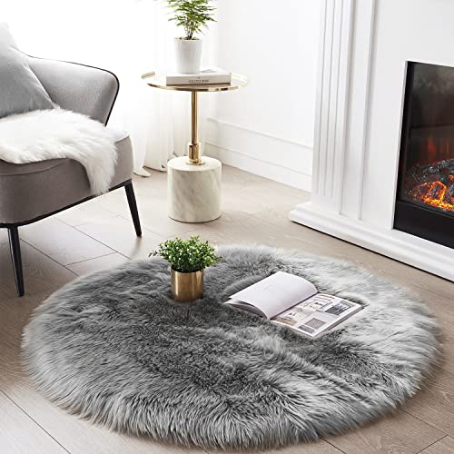 SERISSA Soft Round Faux Sheepskin Fur Rug for Bedroom Grey Circle Fluffy Rugs Circular Shaggy Rug Plush Circle Carpet Play Mats for Kids Girls Room, 5ft Diameter - Image 1