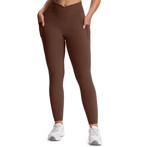 Aoxjox Womens Trinity High Waisted Yoga Pants with Pockets CrossWaist Tummy Control Buttery Soft Workout Leggings 26 Dark Brown Small - Image 1