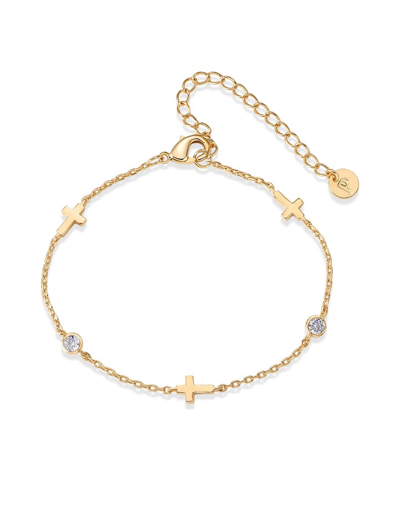 PAVOI 14K Yellow Gold Plated Sideways Cross Simulated Diamond Station Chain Bracelet for Women | Cubic Zirconia Adjustable Christian Bracelet - Image 1