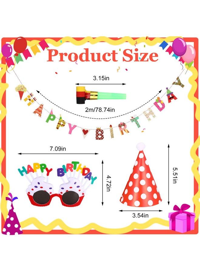 Marspark 25 Pcs Hats Set Includes 1 Colorful Happy Birthday Banner 3 Happy Birthday Glasses 10 Birthday Whistles 11 Adorable Party Cone Hats For Birthday Party Decor (Classic Style) - Image 4