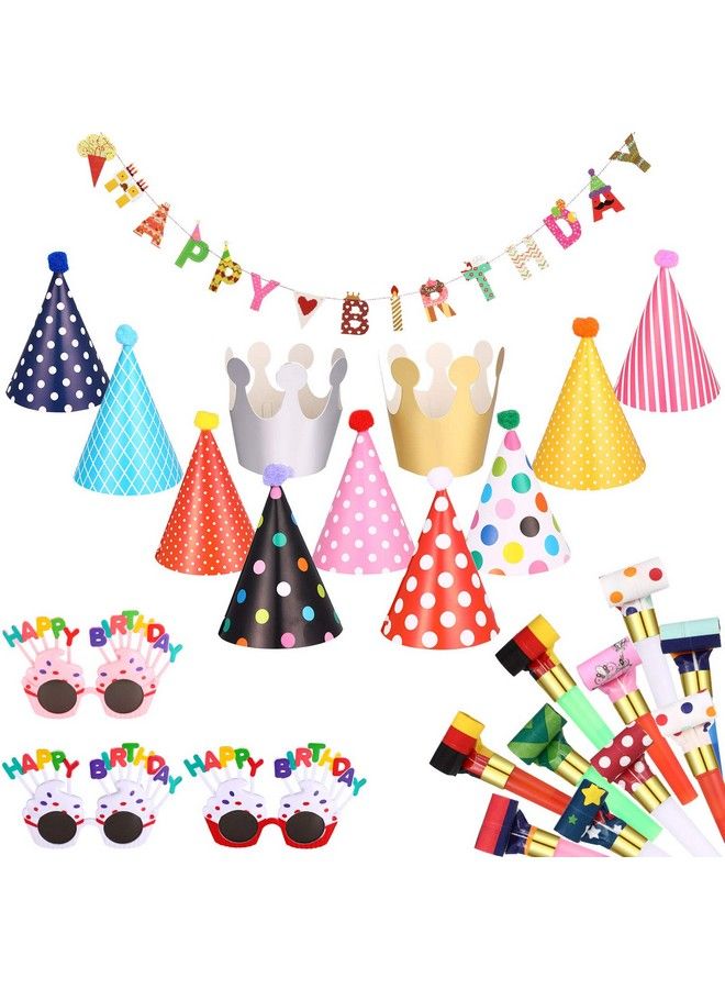 Marspark 25 Pcs Hats Set Includes 1 Colorful Happy Birthday Banner 3 Happy Birthday Glasses 10 Birthday Whistles 11 Adorable Party Cone Hats For Birthday Party Decor (Classic Style) - Image 1