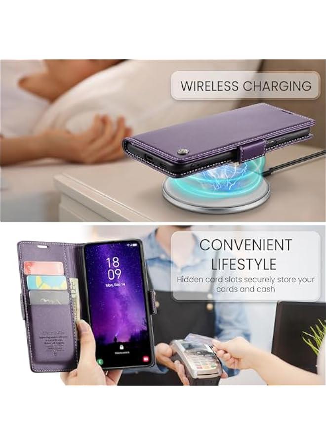 حافظة هاتف سامسونج جالاكسي S25 بلون أرجواني وحامل بطاقة ائتمان من جلد البولي يوريثين يحجب تقنية تحديد الهوية بالراديو، مع مسند قابل للطي ومشبك مغناطيسي للنساء والرجال - Image 2