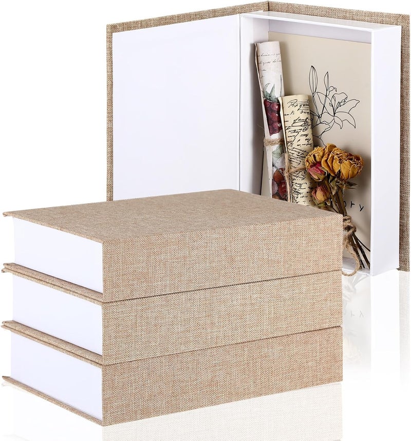 3 Pcs Fake Book Box Neutral Linen Book Box Decorative Faux Prop Storage for Farmhouse Home Decor shelf Table Card Photo DIY Keepsake Gift(8.6 x 6.1 x 1.8 Inch,Khaki) - Image 1