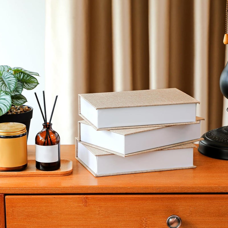3 Pcs Fake Book Box Neutral Linen Book Box Decorative Faux Prop Storage for Farmhouse Home Decor shelf Table Card Photo DIY Keepsake Gift(8.6 x 6.1 x 1.8 Inch,Khaki) - Image 4