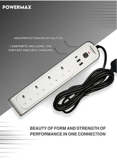 PowerMax 7-in-1 Extension Socket/ Power Strip – 4 AC Outlets, 2 USB Ports & 1 Type-C Port (3.4A) – 3-Meter Heavy-Duty Extension Cord – 2500W/13A with Fast Charging & Surge Protection – Round Design Ideal for Home, Office & Dorm Use  - Image 2