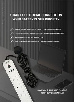 PowerMax 7-in-1 Extension Socket/ Power Strip – 4 AC Outlets, 2 USB Ports & 1 Type-C Port (3.4A) – 3-Meter Heavy-Duty Extension Cord – 2500W/13A with Fast Charging & Surge Protection – Round Design Ideal for Home, Office & Dorm Use  - Image 3