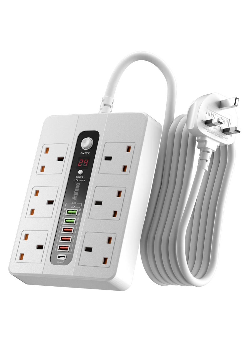 Noxon 12-in-1 Power Strip Extension Socket – 2500W, 6 AC Outlets +  USB Ports X 4,  1 PD 18W | QC3.0 Fast Charging | 3M Extension Cord | Fireproof ABS Material | Extension Plug – White - Image 1