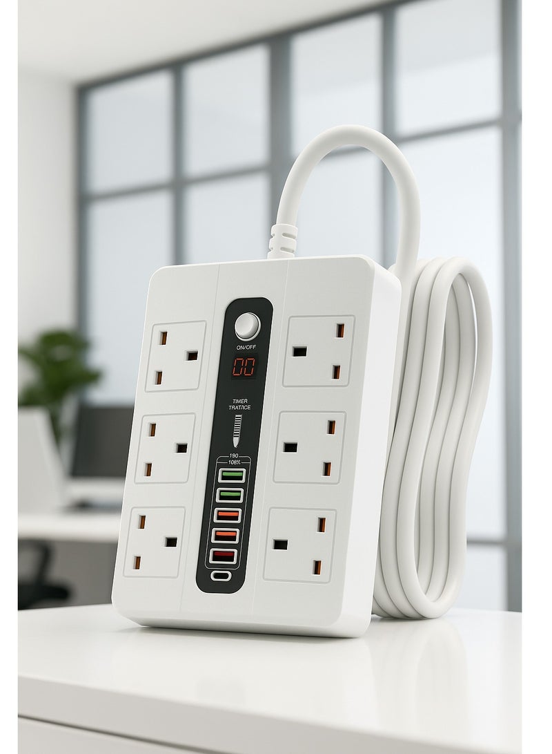 Noxon 12-in-1 Power Strip Extension Socket – 2500W, 6 AC Outlets +  USB Ports X 4,  1 PD 18W | QC3.0 Fast Charging | 3M Extension Cord | Fireproof ABS Material | Extension Plug – White - Image 2