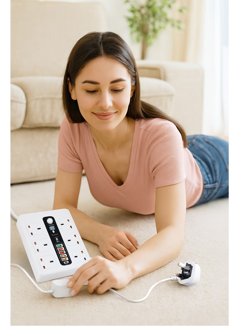 Noxon 12-in-1 Power Strip Extension Socket – 2500W, 6 AC Outlets +  USB Ports X 4,  1 PD 18W | QC3.0 Fast Charging | 3M Extension Cord | Fireproof ABS Material | Extension Plug – White - Image 4