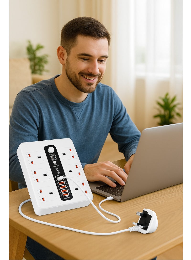 Noxon 12-in-1 Power Strip Extension Socket – 2500W, 6 AC Outlets +  USB Ports X 4,  1 PD 18W | QC3.0 Fast Charging | 3M Extension Cord | Fireproof ABS Material | Extension Plug – White - Image 3