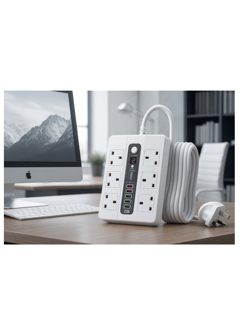 Noxon 12-in-1 Power Strip Extension Socket – 2500W, 6 AC Outlets +  USB Ports X 4,  1 PD 18W | QC3.0 Fast Charging | 3M Extension Cord | Fireproof ABS Material | Extension Plug – White - Image 5