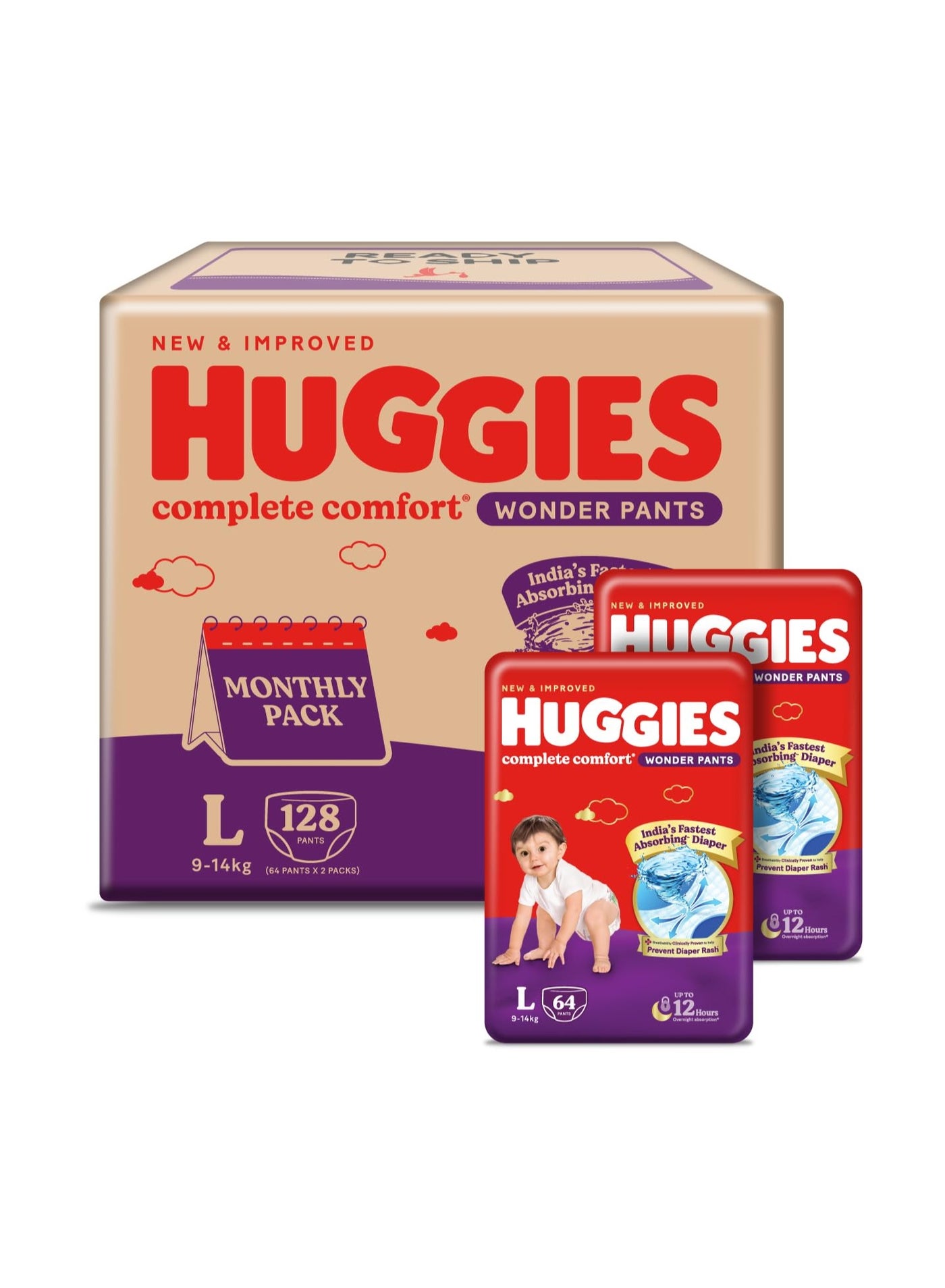 Huggies Complete Comfort Wonder Pants | Pant Style Baby Diapers Large Size (L), 128 Count | India's Fastest Absorbing Diaper, Patented Dry Xpert Channel, Ideal for 9 to 14 Kgs (64 Count, Pack of 2)