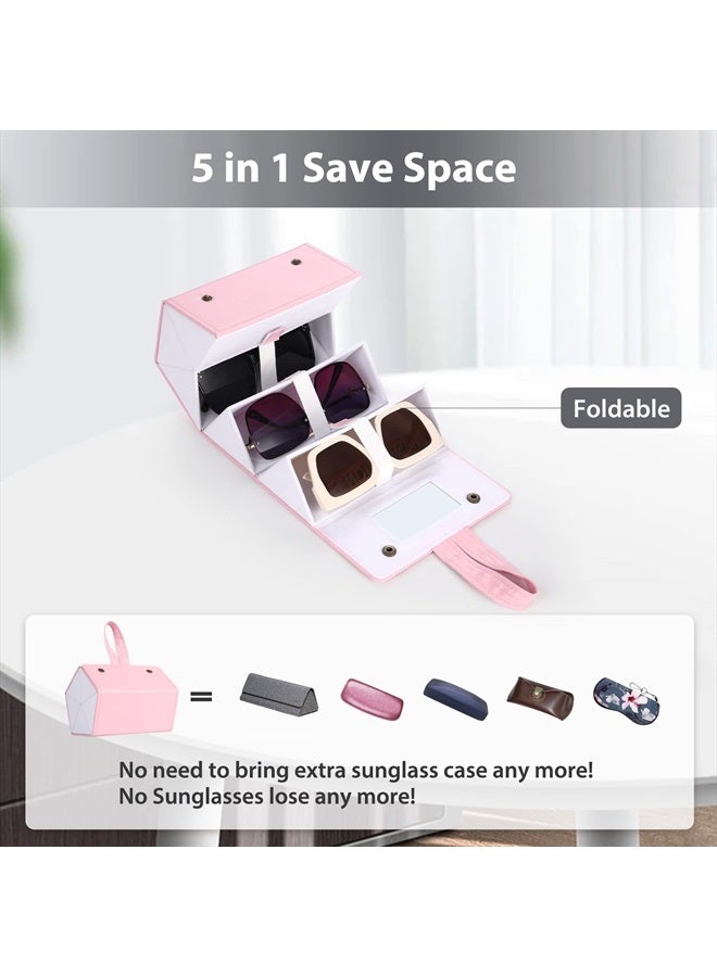 Muf Sunglass Case Organizer with 5 Slots,Sunglass Travel Case for Multiple Pairs,Upgraded Sunglass Organizer with Mirror & Strap,Portable Eye Glass Carry Case,Suit for Oversized Sunglass,Light Pink  - Image 2