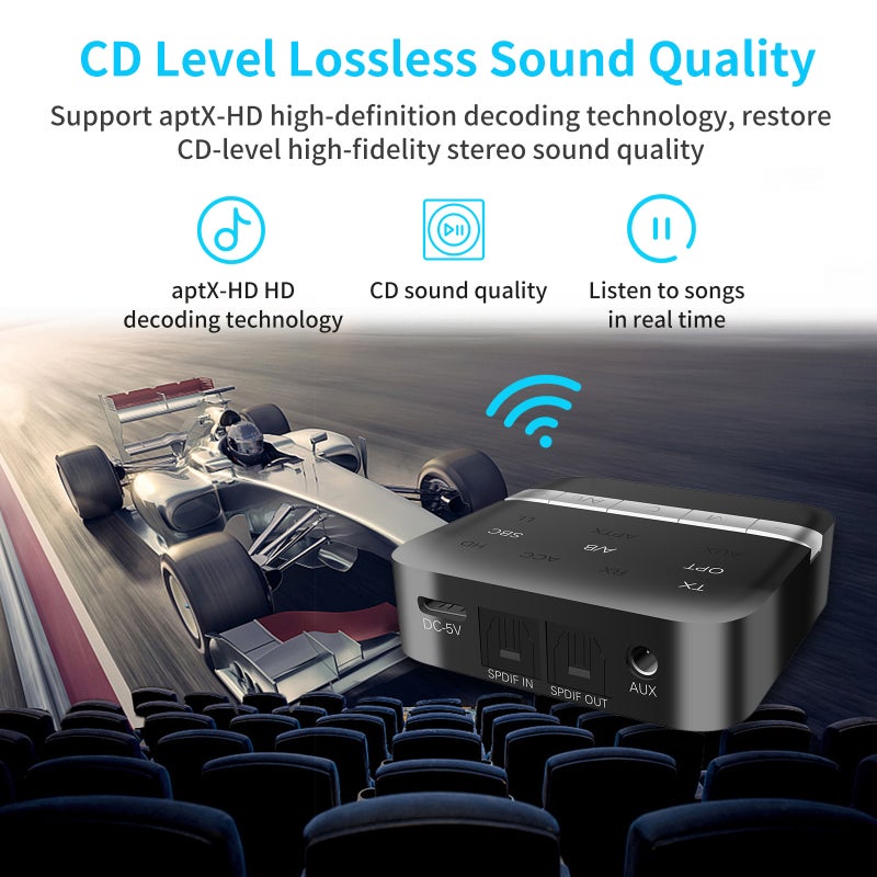 BT Transmitter Receiver: BT5.0 CSR8675 Chip, AptX LL Low Latency, High Fidelity Stereo Sound - 120M Range, Dual Device Connection, Black Wireless Audio Adapter for Home Theater, Car Stereo, Smart Phon - Image 3