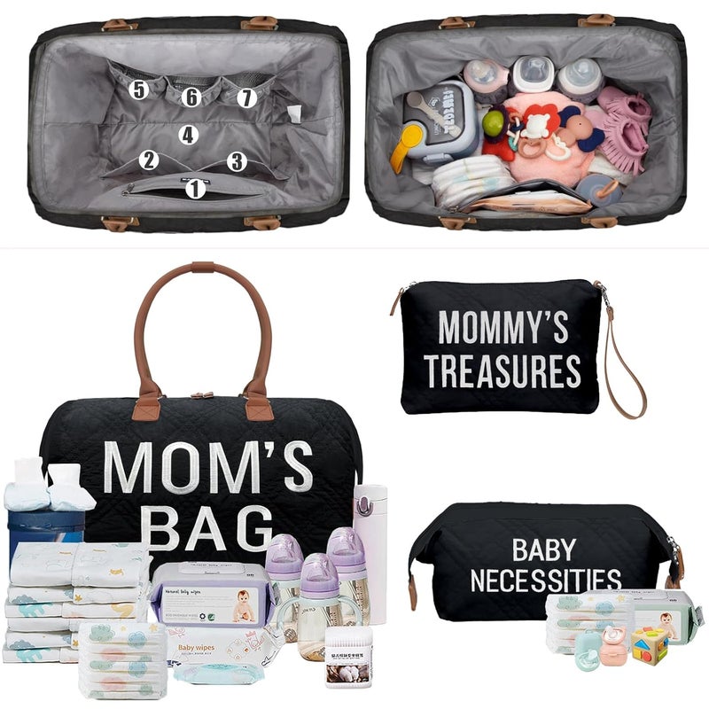printe Mommy Diaper Bag Tote with 2 Organizers, Large Mom‘s Bag for Hospital & Travel Baby Diaper for Baby Care (Quilted Embroidery-Black) - Image 2