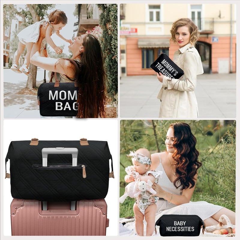 printe Mommy Diaper Bag Tote with 2 Organizers, Large Mom‘s Bag for Hospital & Travel Baby Diaper for Baby Care (Quilted Embroidery-Black) - Image 5