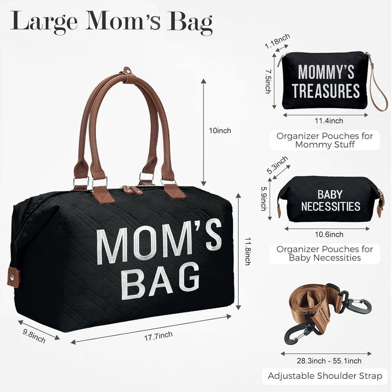printe Mommy Diaper Bag Tote with 2 Organizers, Large Mom‘s Bag for Hospital & Travel Baby Diaper for Baby Care (Quilted Embroidery-Black) - Image 4