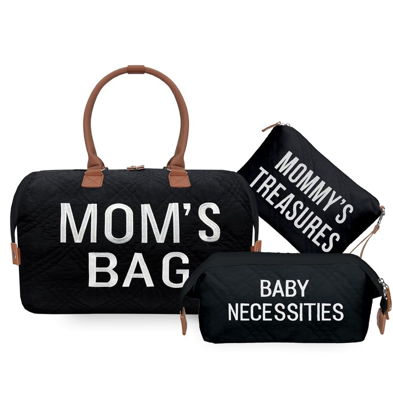 printe Mommy Diaper Bag Tote with 2 Organizers, Large Mom‘s Bag for Hospital & Travel Baby Diaper for Baby Care (Quilted Embroidery-Black) - Image 1