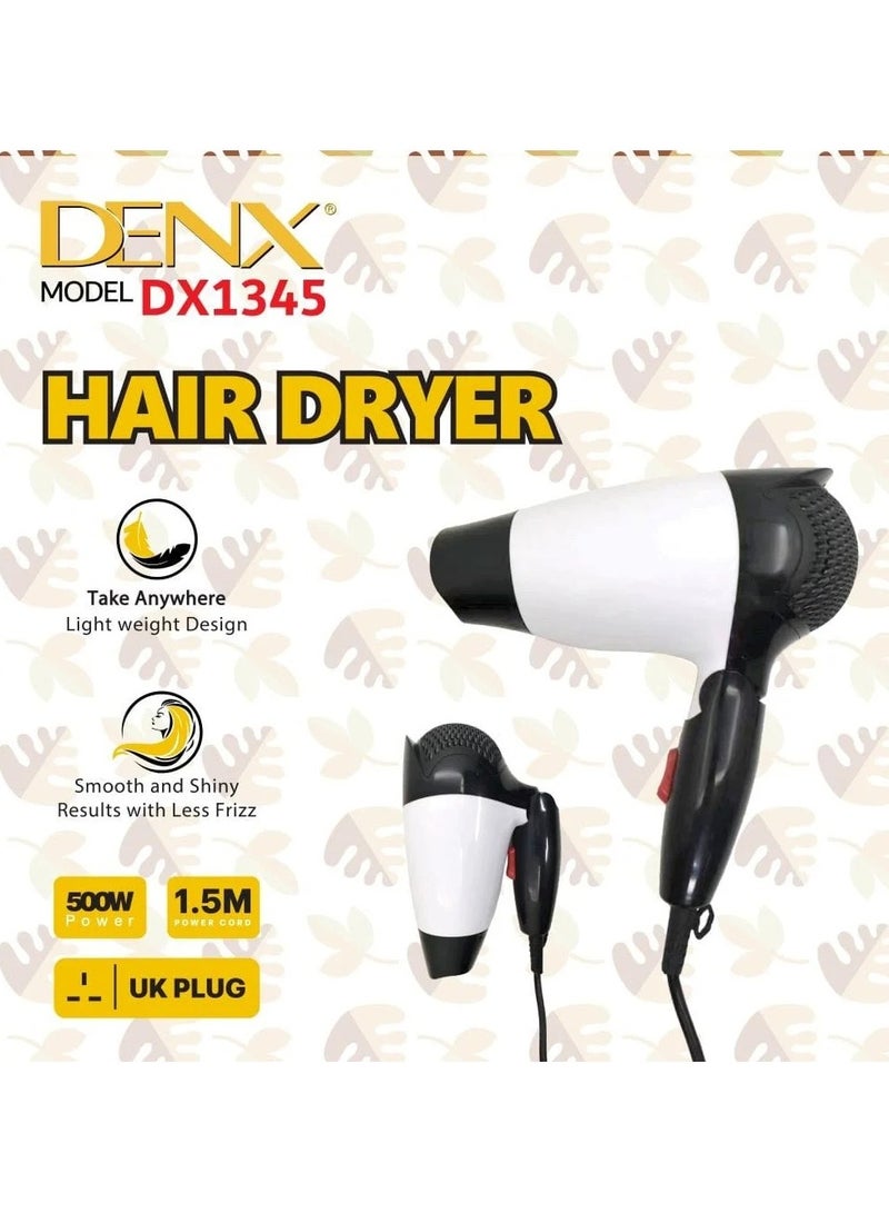 Denx Professional Ionic Hair Dryer 500 Watts, Fast Dry AC Motor, 2 Speeds, Diffuser And Nozzle - White - Image 1