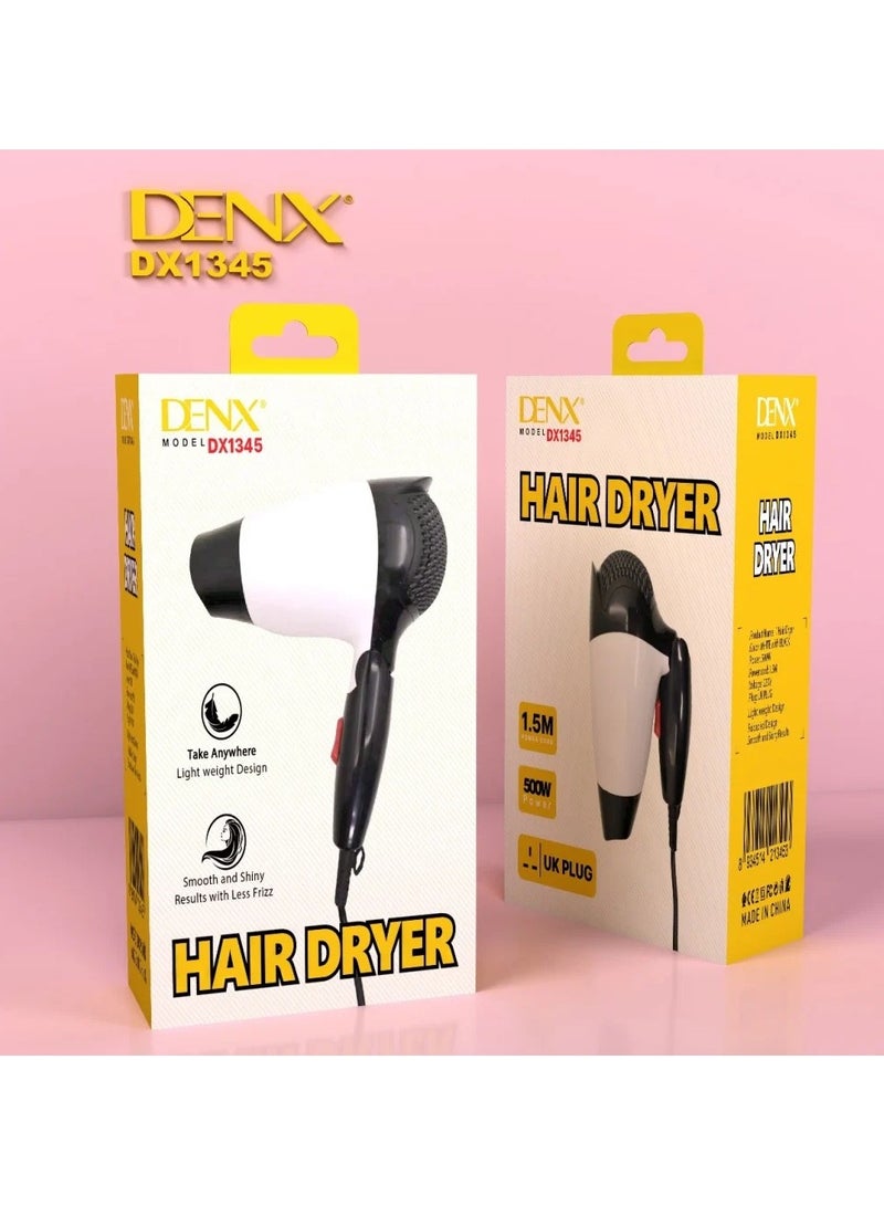 Denx Professional Ionic Hair Dryer 500 Watts, Fast Dry AC Motor, 2 Speeds, Diffuser And Nozzle - White - Image 2