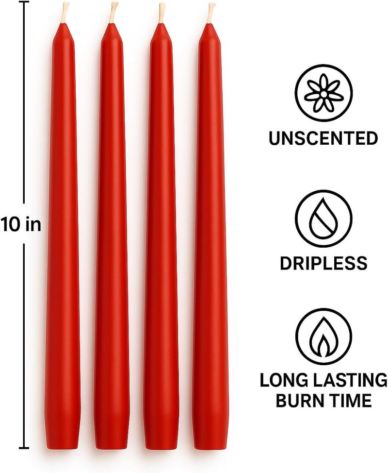 Dinil Red Taper Candles – 10 Inch Tapered Candles Set of 4 – Unscented Taper Candles – Decorative Long Candlesticks for Decoration, Festival, Dinner, Party – Long Burning Time – Red - Image 2