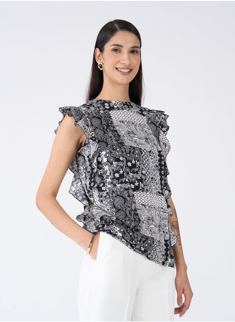 Salt Attire Stylish Black and White Paisley Pattern Top with Elegant Round Neckline, Ruffle Detail, Pleated Seam Detail, and Back Neck Closure â€“ Perfect for Chic Everyday Style  - Image 1