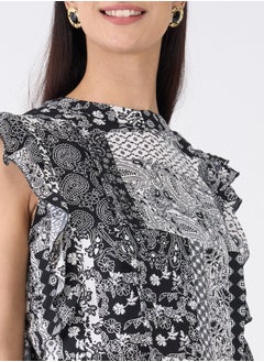 Salt Attire Women's Stylish Black and White Paisley Pattern Top with Elegant Round Neckline, Ruffle Detail, Pleated Seam Detail, and Back Neck Closure â€“ Perfect for Chic Everyday Style  - Image 2