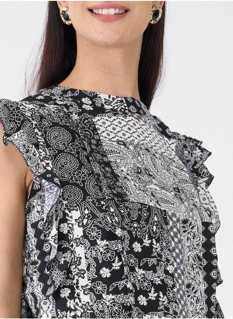 Salt Attire Stylish Black and White Paisley Pattern Top with Elegant Round Neckline, Ruffle Detail, Pleated Seam Detail, and Back Neck Closure â€“ Perfect for Chic Everyday Style  - Image 2