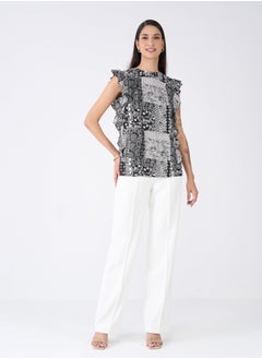 Salt Attire Women's Stylish Black and White Paisley Pattern Top with Elegant Round Neckline, Ruffle Detail, Pleated Seam Detail, and Back Neck Closure â€“ Perfect for Chic Everyday Style  - Image 4
