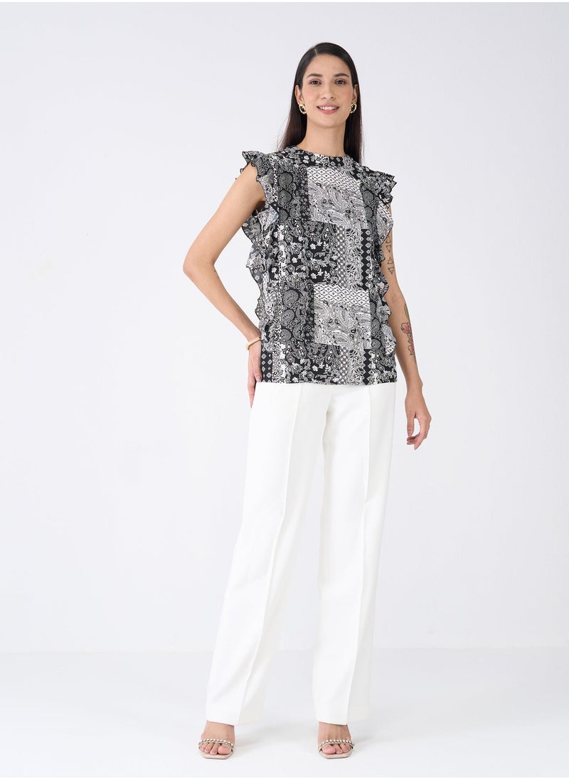 Salt Attire Stylish Black and White Paisley Pattern Top with Elegant Round Neckline, Ruffle Detail, Pleated Seam Detail, and Back Neck Closure â€“ Perfect for Chic Everyday Style  - Image 4