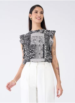 Salt Attire Women's Stylish Black and White Paisley Pattern Top with Elegant Round Neckline, Ruffle Detail, Pleated Seam Detail, and Back Neck Closure â€“ Perfect for Chic Everyday Style  - Image 5